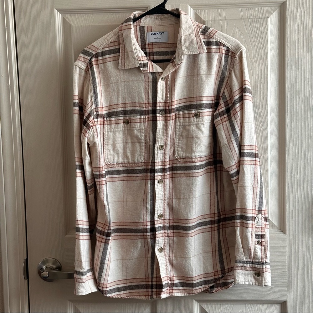 Old Navy Light Tan Casual Plaid Cotton Flannel Shirt Men’s Size Medium